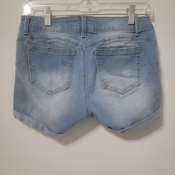 Women's wax Jean destructed Cuffed faded stretch blue light jean short size M - Picture 3 of 12